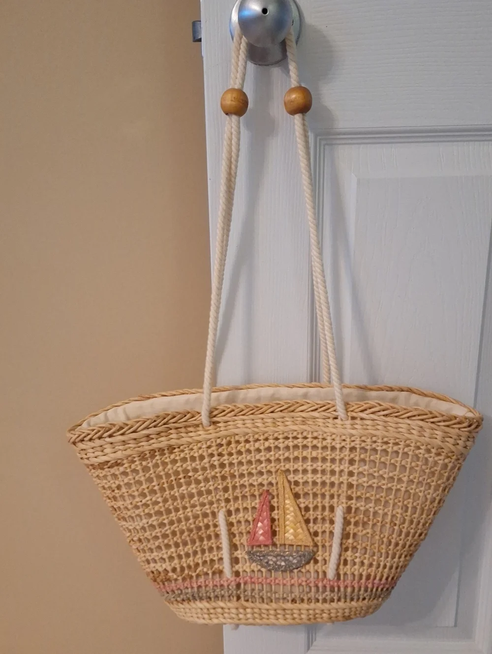 Woven Straw Tote Bag with Sailboat Accent